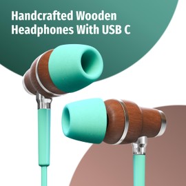 Symphonized Premium Wooden Wired Earphones USB C for Apple Devices & Android Phones with Type-C Port & Microphone, and volume control, 8mm bass drivers granting 3D sound & audio