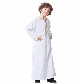 OBEEII Boy's Muslim Arab Solid Color Thobe Long Sleeve Kaftan Embroidered Robe Islamic Arabic Abaya Thobe White 9-10 Years