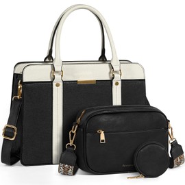 RAINSMORE Purses and Handbags for Women, Fashion Tote Handbag Top Handle Satchel Purses for Work Travel Daily Use with Crossbody Bag Detachable Coin Purse Satchel Handbag Set 3pcs Black and White