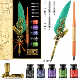 YICMY Feather Pen and Ink Set Calligraphy Kit for Beginners with Quill Pen, Antique Vintage Stationary Set for Writing, Signing & Hand Lettering Art