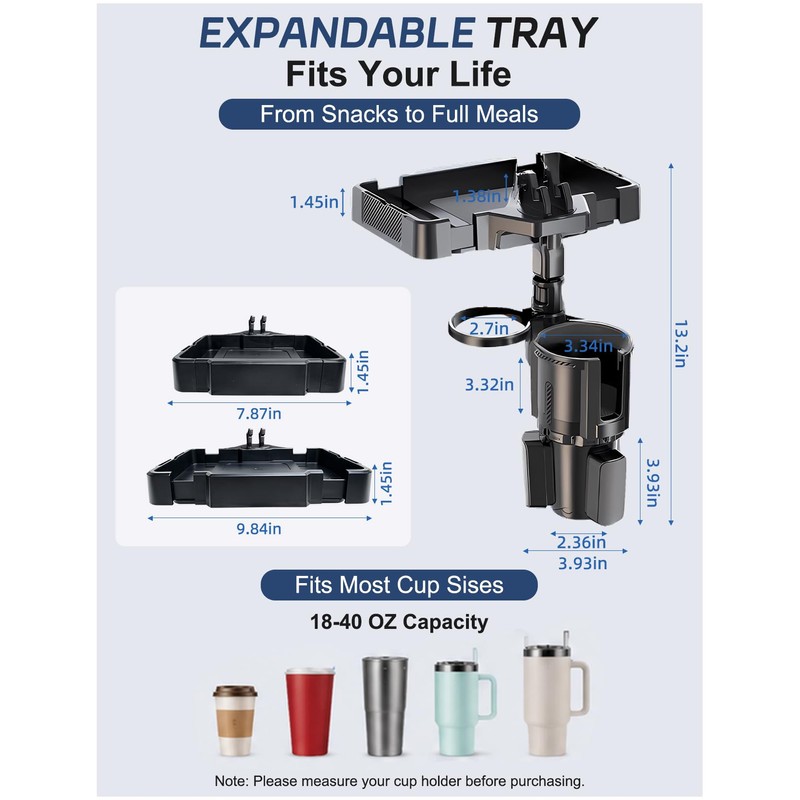 Car Cup Holder Tray, 10 Inch 4-in-1 Cup Holder Tray,