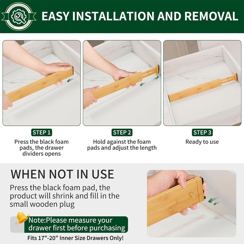 Dunruz 4 Pack Bamboo Drawer Dividers 2.6" High,Adjustable Spring Loaded