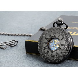Lancardo Vintage Carve Patterns Hollow Skeleton Pocket Fob Watch With Gold And Blue Tone Movement (2PCS)