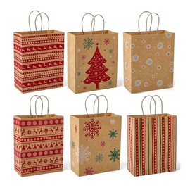 Infanote Christmas Gift Bags With Handles 24 Pcs Kraft Paper Treat Bags Candy Bags Xmas Bulk Pack for Kids Adults Goodie Bags Xmas Theme Party Favor Supplies Holiday Goody Bundle