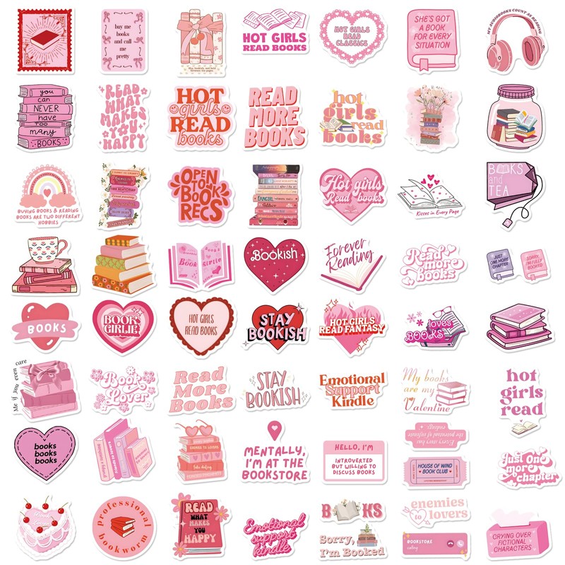 120pcs Bookish Pink Cartoon Stickers, Waterproof Reusable Reading Stickers