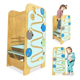 Clevercubs Tower Kitchen Helper – All in One Toddler Chair Kitchen Table Activity Tower – Heavy Duty Wood Step Stool with Activity Panel – Anti-Slip Felt Pads Tower