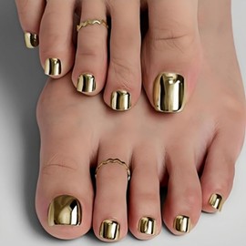 Gold Press on Toenails Metal Chrome Fake Toe Nails Short Square False Toe Nails Press ons Mirror Golden Acrylic Toenails Glossy Holographic Metal Glue on Nails for Women Manicure 24pcs