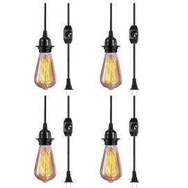 Vintage Plug in Hanging Light Kit, Elibbren Industrial Style Pendant Lighting E26 E27 Lamp Socket 12.14FT Twisted Textile Black Cord with Dimmable On/Off Switch Plug in Lamp Fixture 4 Pack