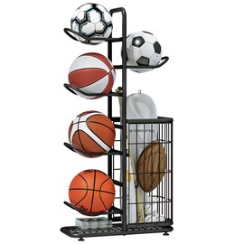 INGIORDAR Ball Storage Basketball Rack Organizer Sports Equipment Garage Stand 6 Tier for Football Volleyball Soccer Indoor Outdoor, Black (Black, 6-Tier)
