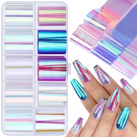 Kikonoke Aurora Glass Paper Nail Art Sticker 10 Sheets Gradient Laser Broken Glass Paper Nail Decals Reflective Mirror Design Cellophane Nail Supplies for Girls Women DIY Nail Art Decoration