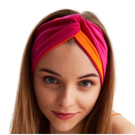 Headbands for Women Twist Knotted Women Head Bands Stretchy Sport Hair Bands Non Slip for Girls Criss Cross Turban Plain Headwrap Yoga Workout Running Hair Accessories (1,Orange&Fuschia Pink)
