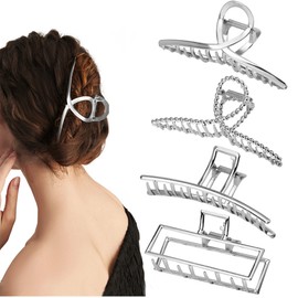 Parcce 4 Pack Large Metal Hair Clips for Thin to Thick Curly Hair, 4.3 Inch Big Nonslip Silver Color Clamps, Perfect Fashion Jaw Claw Hair Styling Accessories for Women and Girls
