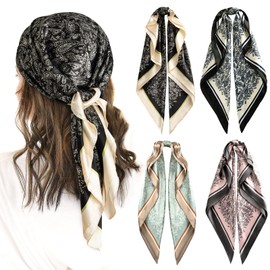 IwIeIaIrI Head Hair Scarf for Women,Satin Silk Printed Square Bandana Scarf for Hair 35 Inches(Black)