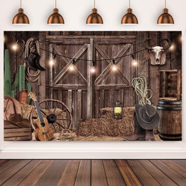 2.4 x 1.8 m Photo Background Western Cowboy Wild West Rustic Wooden House Barn Door Vintage Photography Background Children Baby Shower Western Birthday Party Decorations Banner Photo Studio Props