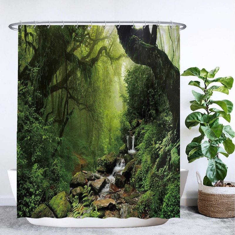 Ulticool Shower Curtain - Rainforest Nature Eco Plants Waterfall -