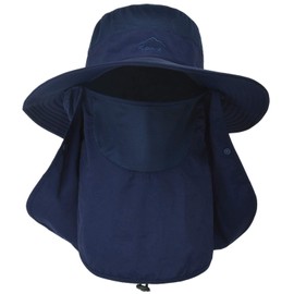ehsbuy Fishing Hat Men's Wide Brim Mesh Tropical Hat Safari Hat Foldable Sun Hat with Face Cover Neck Flap, dark blue