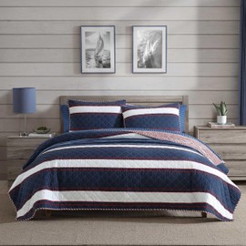 Nautica - King Quilt Set, Super Soft Reversible Bedding with Matching Shams, Striped Home Decor (Wesley Navy, King)