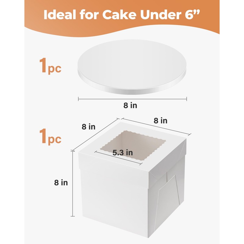 Kootek Cake Box with Board Drum, 8x8x8 Inches Tall Bakery