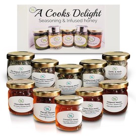 C&J Farms Texas Gourmet Artisan Seasonings A Cook’s Delight Gift Set- 10 Piece Variety Sampler Box- Includes Sampling of Seasoning Spices & Infused Honey- Local, Natural Flavors