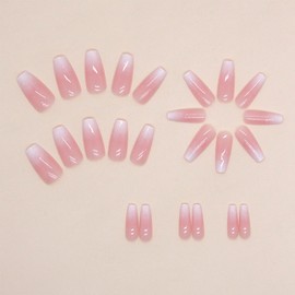 ZASKHLD Gradient Pink Press on Nails Medium Long Coffin Fake Nails Glossy French Tip Glue on Nails Natural Nude False Nails Reusable Artificial Acrylic Nails for Women Girls Manicure Kit 24Pcs