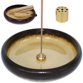 BEYLAB incense holder ceramics, 3 in 1 Incense burner for Palo Santo, Sage, Incense Sticks Coil Incense Cones, smudge bowl, Removable brass ash catcher for Meditation Yoga Room - Yellow