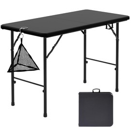 VECELO Folding Table 4 Foot with Mesh Bag, Indoor Outdoor Heavy-Duty Portable w/Handle,Fold-in-Half for Picnic, Party, Camping, Matte & Black