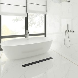 36-Inch Linear Shower Drain with Tile Insert Grate, SUS 304 Stainless Steel Linear Drain, Matte Black Long Rectangle Shower Floor Drain with Leveling Feet, Hair Strainer, Fits Bathroom