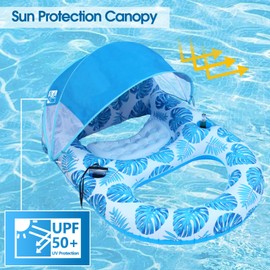 COOLCOOLDEE Pool Lounge Float with Canopy UPF50+,Extra Large Pool Floats for Adults Heavy Duty,Inflatable Lounger Float with Cup Holder & Backrest,Footrest