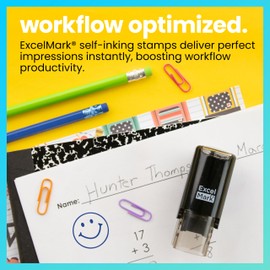 ExcelMark Round Teacher Stamp - Smiley FACE 1 - Blue Ink