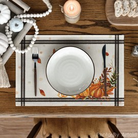 Artoid Mode Pumpkins Mushrooms Leaves Placemat for Dining Table, 12 x 18 Inch Fall Autumn Harvest Holiday Rustic Vintage Washable Table Mat Set of 4