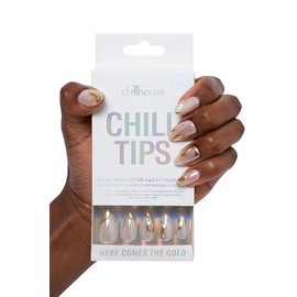 Chillhouse Chill Tips Signatures Press On Nails Kit, Here Comes The Gold - 30 Nail Shapes & Sizes, Dual-Sided Buffer & File, Cuticle Stick & Glue - Long-Lasting Nail Art Manicures