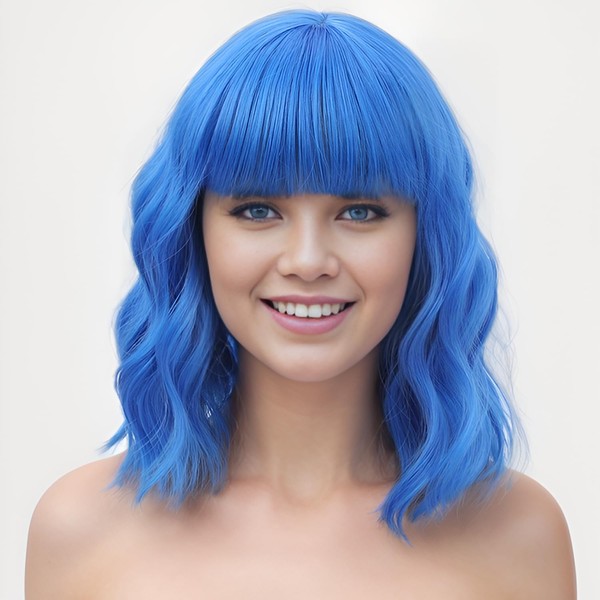 ATAYEA Blue Wig with Bangs Short Wavy Wigs for Women