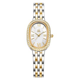 SHENGKE SK Women’s Oval-Shaped Crystal-Accented Solid Alloy Steel Bracelet Watch (Silver-Gold)