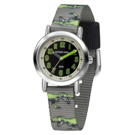 JACQUES FAREL Children's watch, learning watch, boys, analogue quartz with fabric strap, textile strap, dinosaur, T-Rex, grey, black, green, KPS 605, gray, Strap.