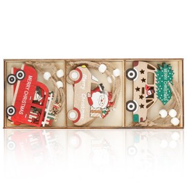 Thyonta 9 Pcs Wooden Christmas Tree Ornaments Eco-Friendly Decorative Pendants with Santa and Car Designs Intricate Hollow Car Patterns for Christmas Tree Decoration