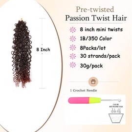 XGY Hair Yanky Twist Crochet Hair Pre Looped 8 Inch Mini Twist Crochet Braids Hair Ombre Red Copper Micro Senegalese Twists Crochet hair Pre-looped Synthetic Curly Braiding Hair Extension (1B/350#)