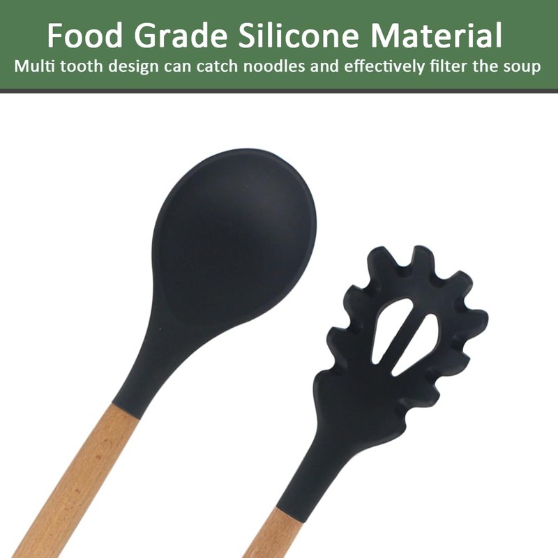 Silicone Pasta Fork and Silicone Cooking Spoon Set, Large Non
