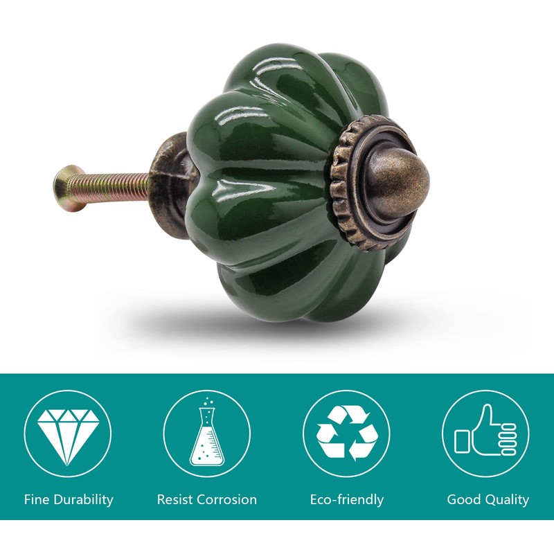 Seimneire 25pcs Dark Green Pumpkin Knobs, Vintage Ceramic Cabinet Handles,