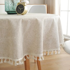 Miners2000 Solid Color Tassel Tablecloth Cotton Linen Dust-Proof Shrink-Proof Table Cover for Kitchen Dining Farmhouse Tabletop Decoration (Round, 60 Inch, Neutral)