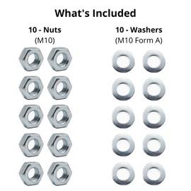 M10 Nuts & Washers Set. 10 – M10 Steel Nuts & 10 – M10 Form A Flat Washers.