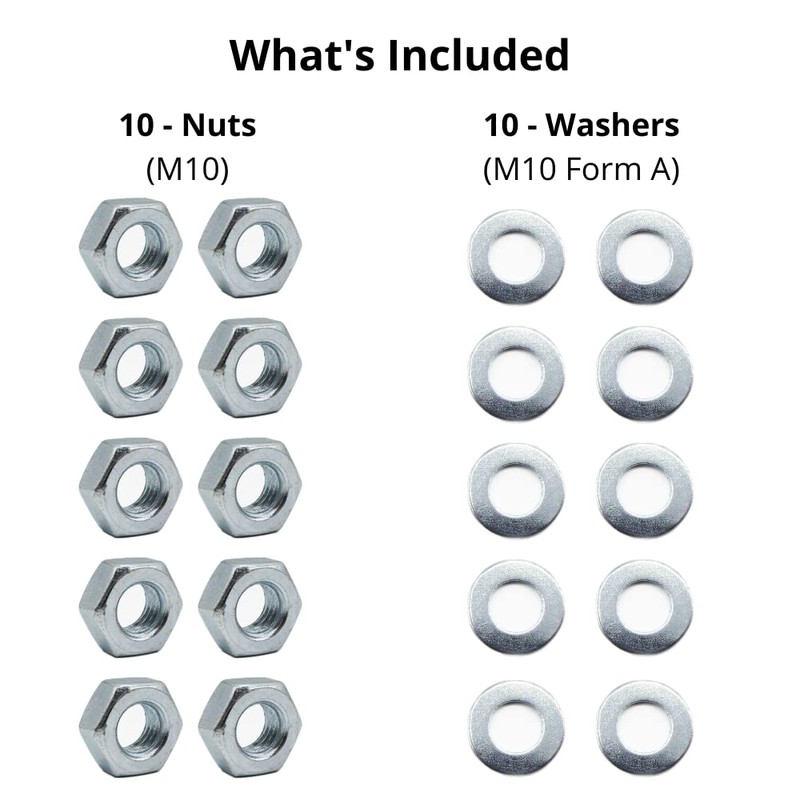 M10 Nuts & Washers Set. 10 – M10 Steel Nuts