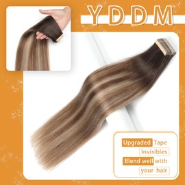 YDDM Tape in Hair Extensions Human Hair 20 Inch 20pcs Balayage Brown to Dirty Blonde 100% Remy Human Hair for Women Seamless Invisible Tape in Hair Extensions(2/6/18K#, 20 Inch)