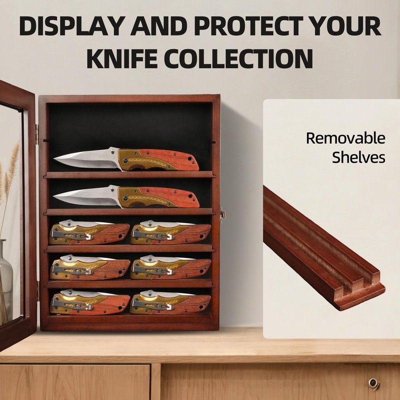 DecoWoodo Knife Display Case for Wall, Lockable Pocket Knife Display