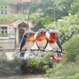 Stained Glass Window Hanging Bird Hand-Painted Stain Glass Panel Window Hanging Decor Gift for Women Mother's Day Christmas (15CM-Sparrow Bird)