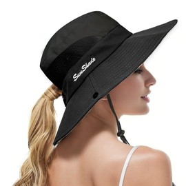 MSIHEY Women Sun Hat with Ponytail Hole Breathable Foldable Bucket Hat UV Protection Outdoor Dark Grey, black