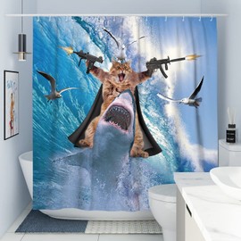 DESIHOM Funny Cat Tall Shower Curtain Set Cat Riding Shark Theme Ocean Shower Curtains for Bathroom Fun Nautical Kids Bathroom Decor Polyester Fabric-72" x 78"