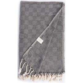 Bersuse 100% Cotton Milas XL Throw Blanket Turkish Towel - 60x90 Inches, Black