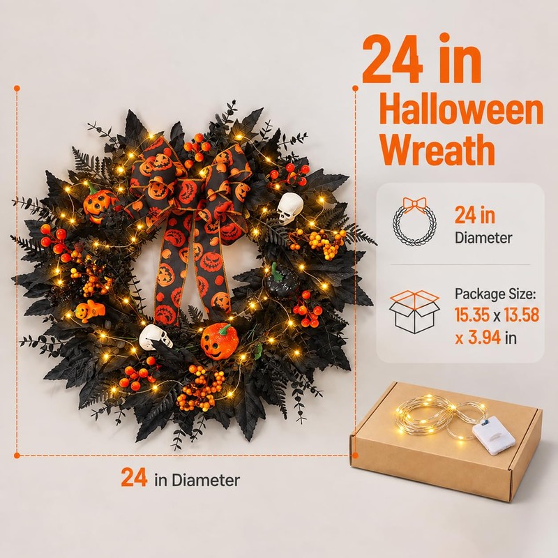 24 in Halloween Wreath for Front Door, Black Skeleton Spider