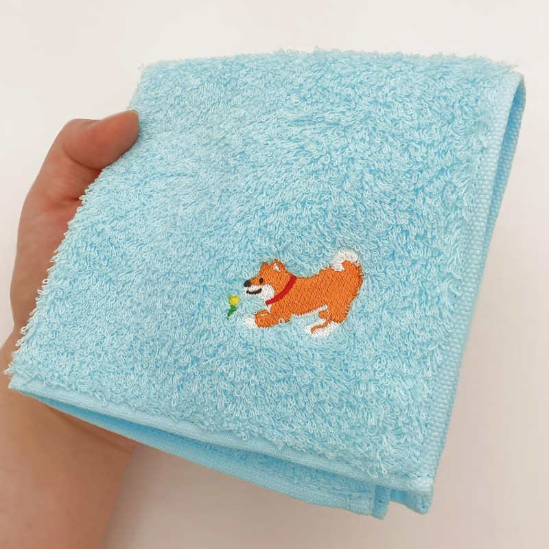 Keisuu Kurumin Towel Handkerchief, Embroidery, Dog, Light Blue, 9.8 x