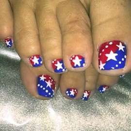 4th of July Press on Toenails Short Square Fake Toenails Glossy Red Blue White False Toenails Full Cover Glue on Toenails Cute American Flags Design Independence Day Toe Nails for Women Girls 24Pcs